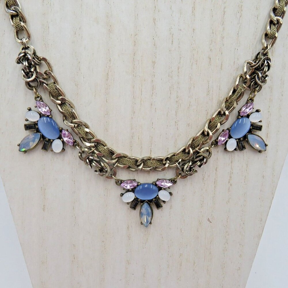Loft Necklace Silver Tone 18" Chain Purple Rhinestone Blue Beads Statement‎ Bib
